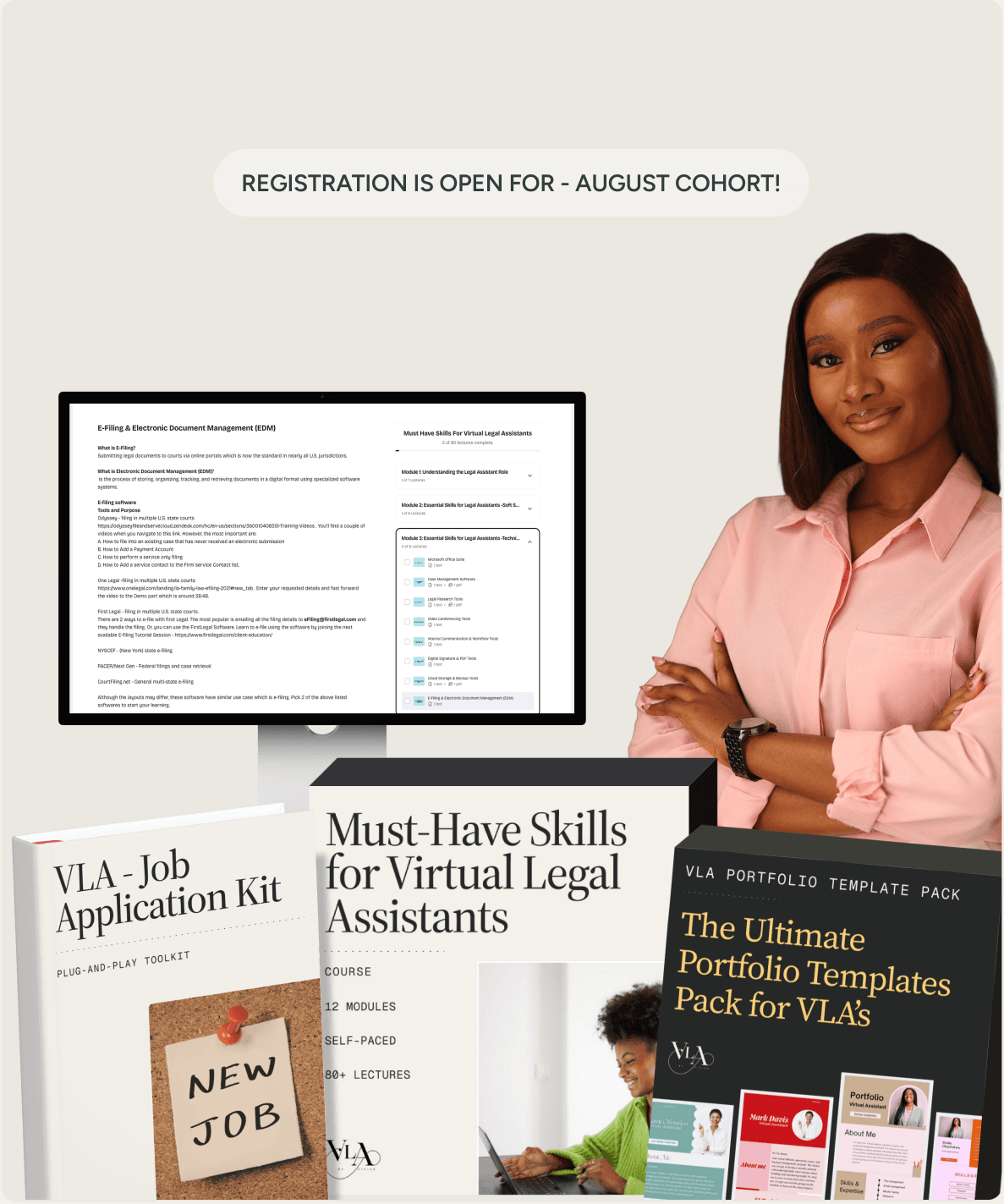 A preview of the VLA by Vivian course: an e-filing lesson on a desktop screen, coach Vivian, and the Job Application Kit, Must-Have Skills book and Portfolio Template Pack. Registration is open for the September cohort.