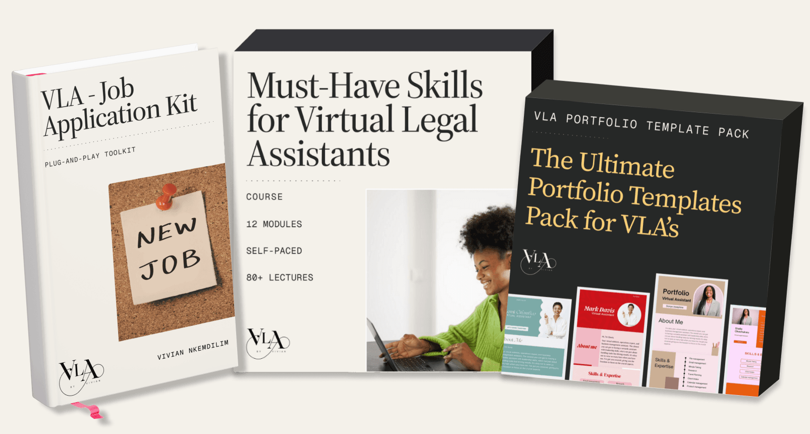 The VLA by Vivian product bundle: the Job Application Kit, the Must-Have Skills book, and the Ultimate Portfolio Templates Pack.