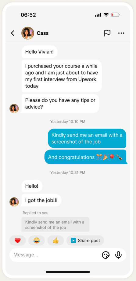 Screenshot: Casey's message on Upwork confirming they got the job.