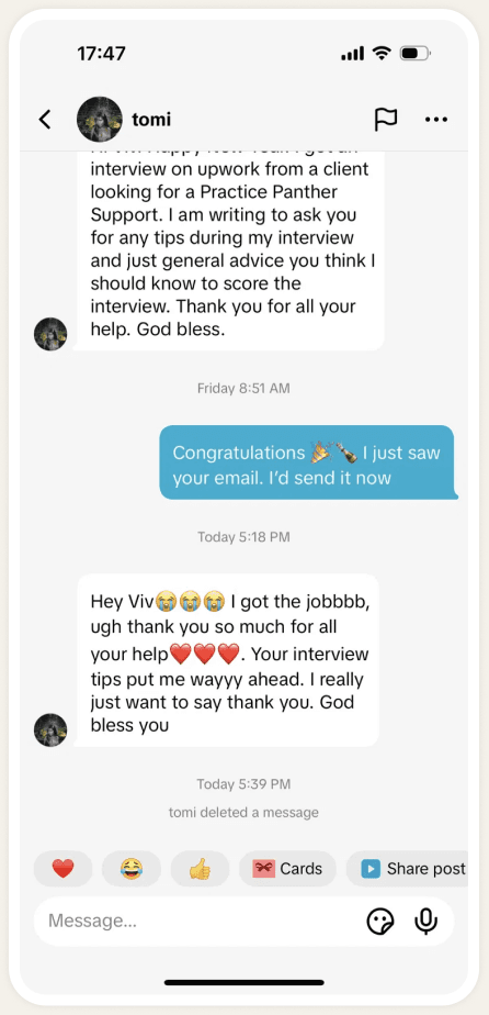 Screenshot: Tomi's DM sharing that they got the legal assistant role.