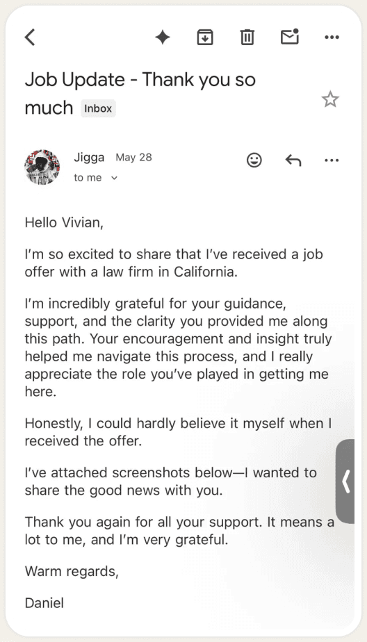Screenshot: email titled 'Job Update' thanking Vivian for the guidance.