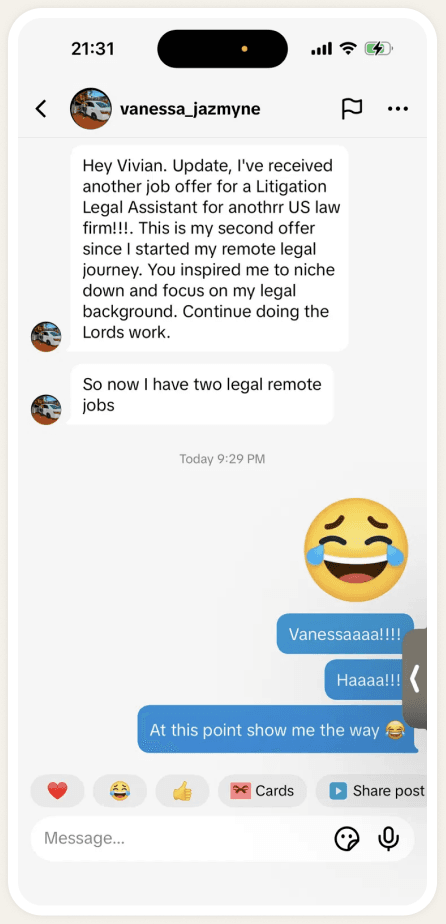 Screenshot: Vanessa's DM about landing a second remote legal job.