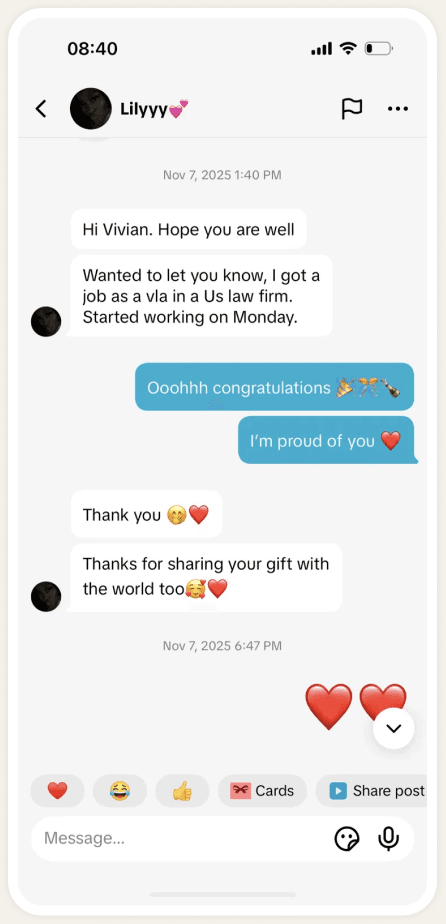 Screenshot: Lily's DM celebrating a new VLA job at a US law firm.