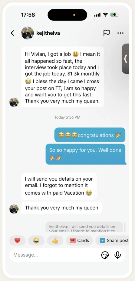 Screenshot: Keji's DM saying 'Hi Vivian, I got a job'.